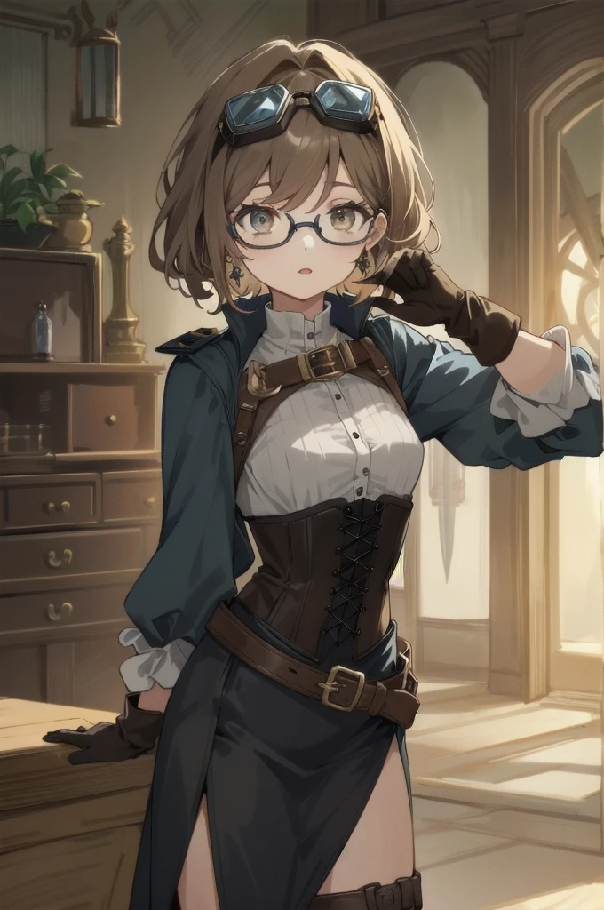 Angelica 25 years old, mid twenties, (bronze medium shaggy hair:1.1), (slant eyes:1.3), hair between eye, Hazel eyes, medium breasts, glasses, earrings,(makeup:1.15) indoor, (light brown hair:1.1), leather boots and belt, solo, fantasy, alchemist, corset, gloves, goggles on head