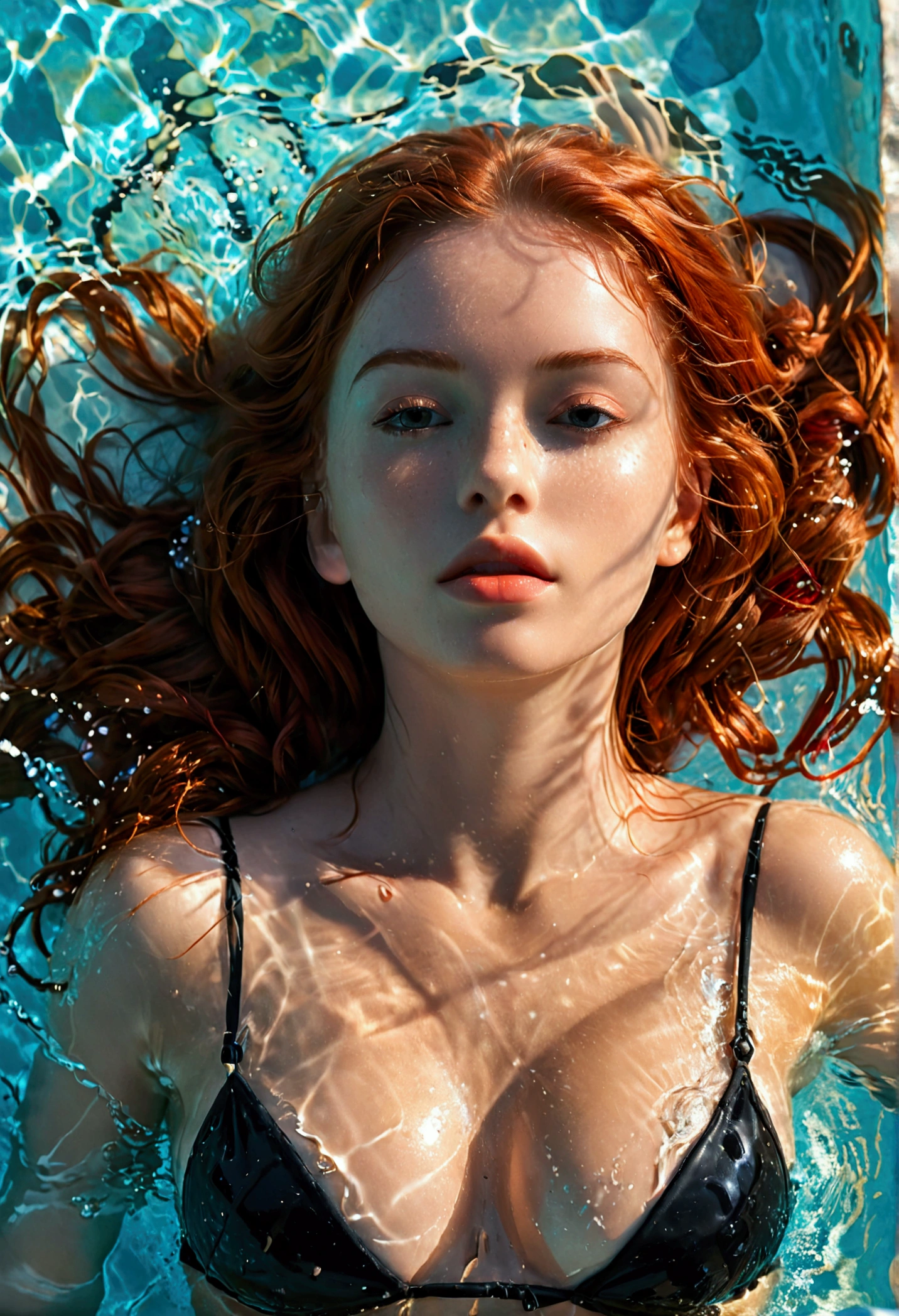 (full body shot:1.1) photorealistic image of a (laying pose:1.1) woman, ultra realistic, photography, long red hair, girl, 24 years old, hourglass figure, perfect body, Flirty look, natural medium breasts, blur background, she is floating in a pool, she wears a black thin bikini, she is relaxing