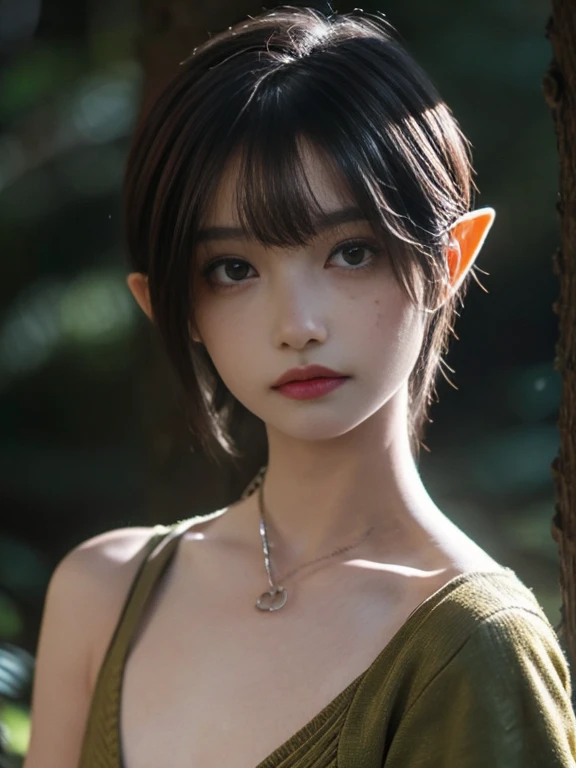 a half demon half elf girl, in a fairy jungle, wearing skirt, transparent white t-shirt, long black socks, very sweaty, silver short hair, red eyes, big tits, big ass, posing on a rock,hyperrealistic