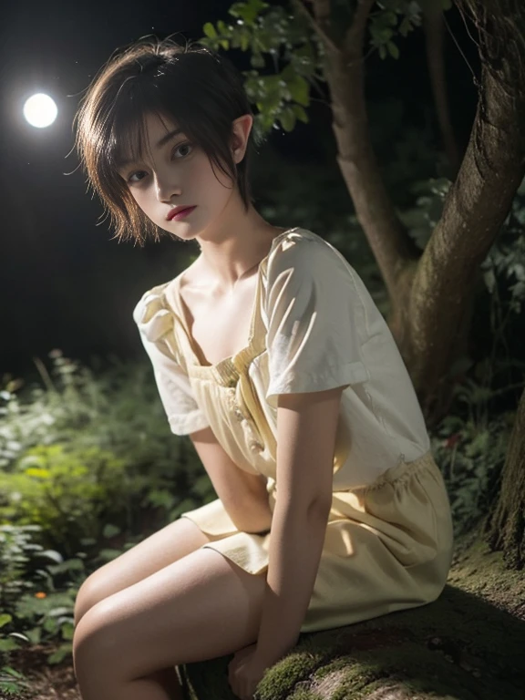 15 year old girl, short hair, yellow color, elf face slavic, freckles on the face, Skinny body, small bust, scantily clad, sitting on a tree trunk, in the forest at night, the sky full of stars