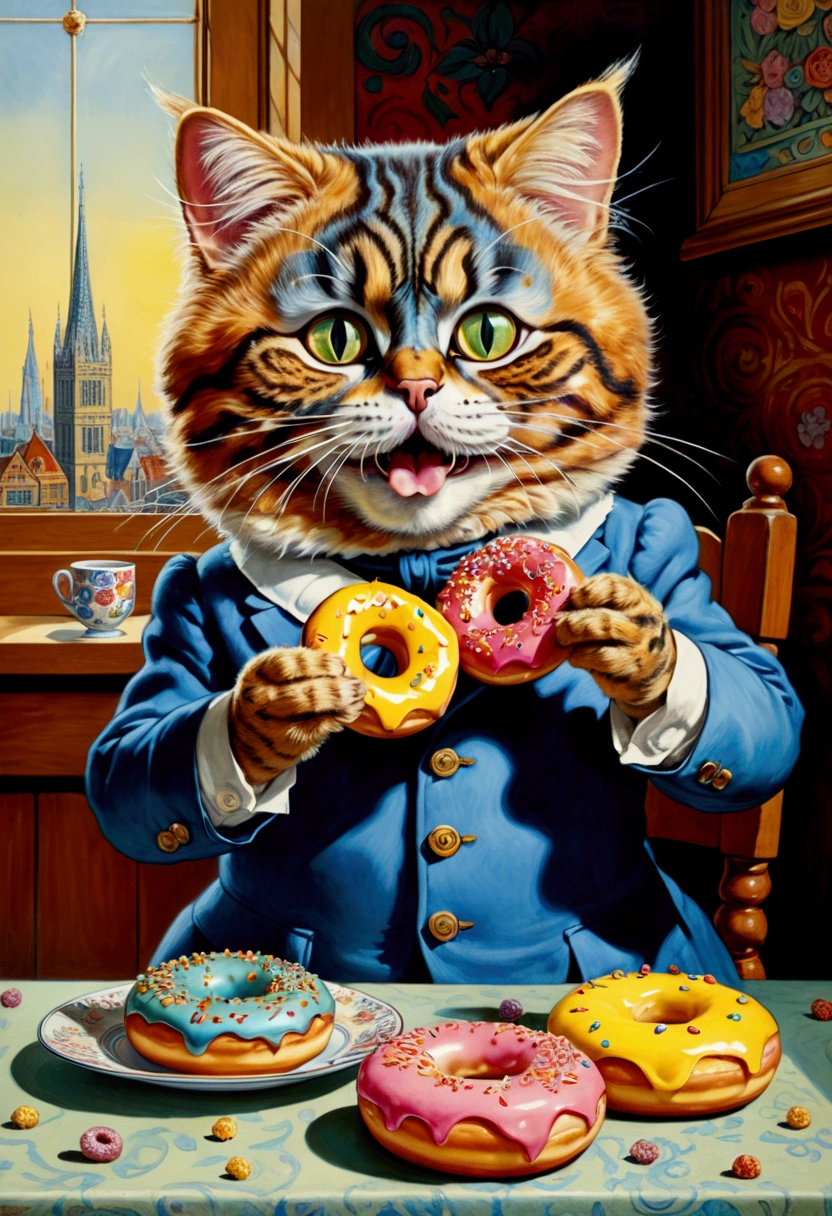 Eating Donuts, by Richard Scarry, full body, cinematic still, (best quality, masterpiece, photorealistic), very aesthetic, perfect composition, intricate details, ultra-detailed, vivid colors