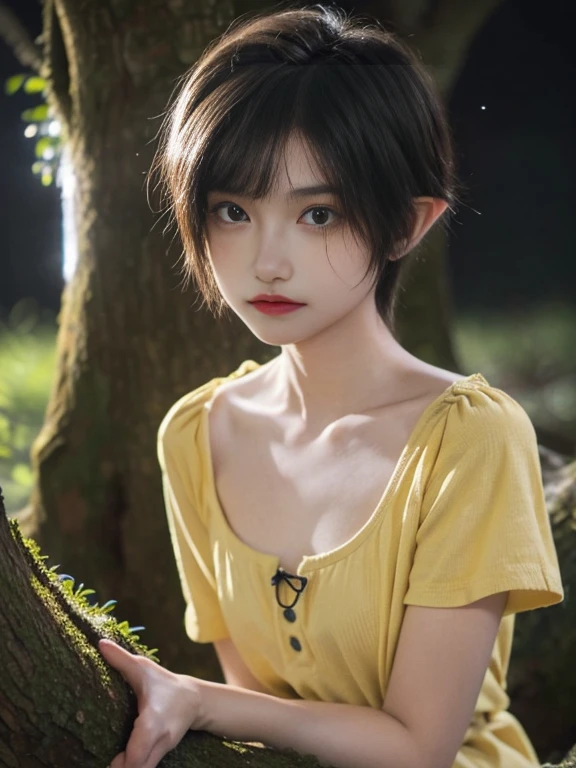  girl, short hair, yellow color, elf face slavic, freckles on the face, Skinny body, small bust, hugging with little clothing, sitting on a tree trunk, in the forest at night, the sky full of stars