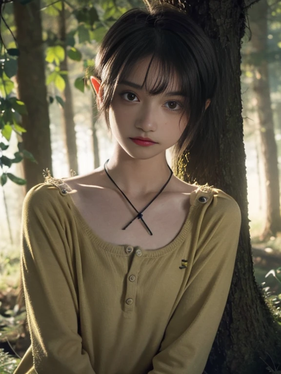 15 year old girl, short hair, yellow color, elf face slavic, freckles on the face, Skinny body, small bust, scantily clad, sitting on a tree trunk, in the forest at night, the sky full of stars
