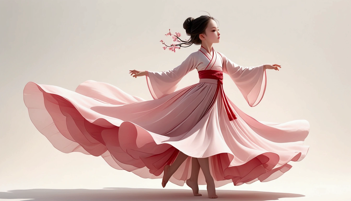 Dance photography；A dancer，Solitary；A little girl in a gorgeous long dress，Princess dress，Chinese style skirt，pink，Conservative style，Smudged skirt hem；The movements of the dance；elegant，Flexible skirt；Long hair shawl。Full body view，front； Simple style；Minimalism。White background，Pure white background；Panoramic photography；Depth of Field, Extraordinary details, masterpiece, high quality, 4K，cinematic lighting, motion blur, depth of field, sparkle, ray tracing, reflection light, anatomically correct, uhd, textured skin, best quality, super detail, highres, high details, accurate, high quality, award winning。