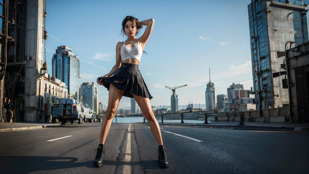 girl lifting the hem of her skirt, holding skirt up, get out high, super low-cut outfit