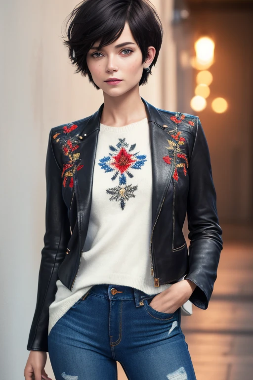 masterpiece, high quality,1girl,solo,middle breast , short hair, (hair between eyes),(00BFFE pixie cut),  Disappointed face,(Embroidered sweater, Cropped flare jeans, Leather blazer)