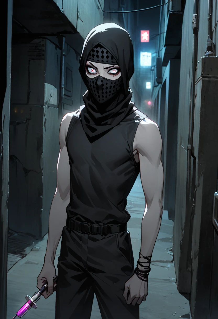 Male arab modern terrorist, terrorist, black short balaclava, crazy eyes, white eyes, bare arms, skinny, thin waist, makeup, black eyeliner, big eyelashes, black eyeshadow, choker, pale skin, night, dark alley, syringe