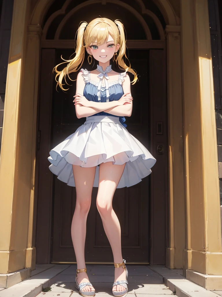 nsfw, (8k、Best image quality、Highest quality、masterpiece)、Detailed face、Detailed Background, Improve、A beautiful 18 year old woman, (Golden Hair:1.3), Short pigtails, flat chests, Short, (White sleeveless blouse), (White flared skirt), Earrings, White Sandals, Cross your arms in front of your body, grin, from below, full body