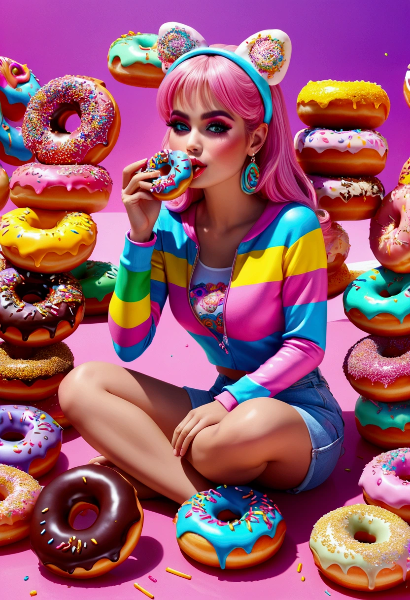 Eating Donuts, by Lisa_Frank, full body, cinematic still, (best quality, masterpiece, photorealistic), very aesthetic, perfect composition, intricate details, ultra-detailed, vivid colors