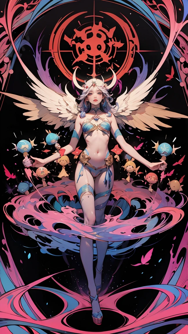 ultra-realistic realism，A distant planet，Pink sky，flying on the sky，one-girl with ccolourful feather wings full body show，( tatoo mark) ( ancient bra)Five suns