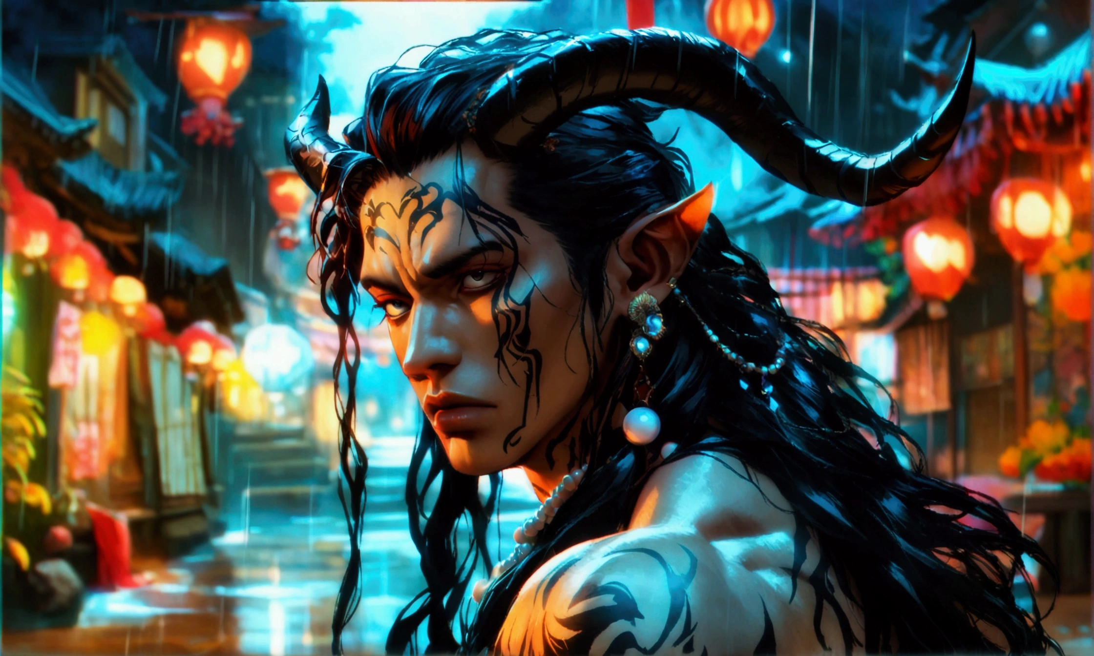Young man, black skin, big muscular body, long black wavy hair, black horns, pearl earrings, pearl necklace, tribal tattoos on the body, no top, sullen look, rainy night scenery, "Anime character design inspired by One Piece, full of dramatic and impressive lighting, focus on the centralized character, impressive face, full of creative details, ultra-fine 4K design, scenery bathed in creativity, boasting 2D anime resolution clarity, HD anime graphics, high-octane rendering"