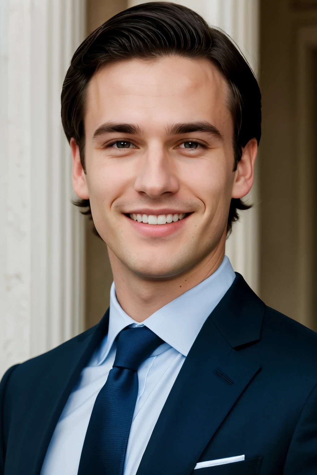 elongated face of  young caucasian guy with big smile,  black hair, without glasses, with dark blue eyes, straight and long thin nose, without beard, without mustache, in blue suit