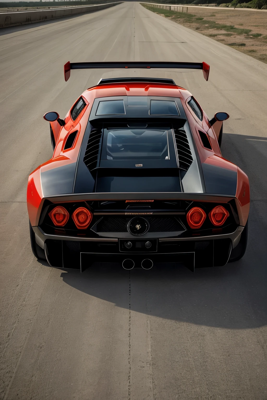 A magnificent fusion of Lamborghini Countach and Ferrari F-40, showcasing the best of both iconic supercars. The design is a harmonious blend of sharp, angular lines reminiscent of the Countach, coupled with the sleek, aerodynamic curves of the F-40. The engine roars as it hums along, its powerful engine a testament to the fusion of Lamborghini's V12 and Ferrari's V8. The body is painted in a vibrant, metallic red, with glossy black accents, reflecting the light with every move. The front features a distinctive, angular grille, while the rear sports designer-