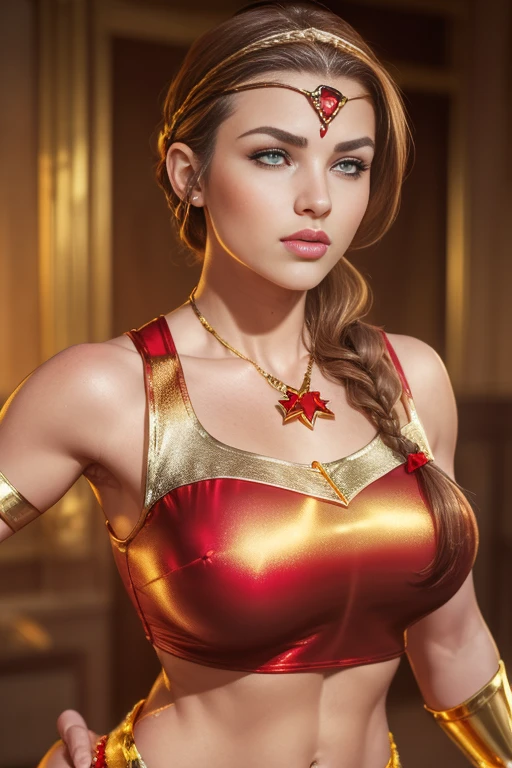 realistic (sexy beautiful superhero woman ,(green eyes) (, Brown hair, long french braid, red sleeveless cropped shirt, with a gold star, belly wears (gold tiara with red jewel on forehead) , Golden bracelets, long red boots, and little red shorts), Portrait photography by artgerm, in the style of realism, Shiny skin, , , daylight, Pronounced full lips. Muscular female body (Подробный realistic,8 K,a high resolution,masterpiece:1.2, uhd
