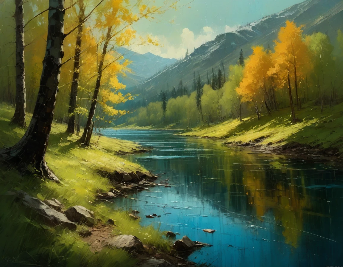 Jeremy Mann. (Nature and Landscapes painting) (Masterpiece, Best Quality, Impasto, Best Quality painting ), Impasto oil painting, textured. Saturated deep colors. High contrast. Detail. Multi-layered image with cellular shadows. Beautiful Landscapes, A view of a lake in Canada Perfect Nature, Canada wildlife and nature landscapes, maple trees, maple leaves, Grassland, Spring vibrant colors, especially featuring local flora and fauna, golden ratio, award-winning, highly detailed, centered, drawn, complex, volumetric lighting, beautiful, masterpiece, depth of field, perfect composition, high resolution 8K, palette knife and brush strokes, Artistic style Ivan Shishkinl artist.