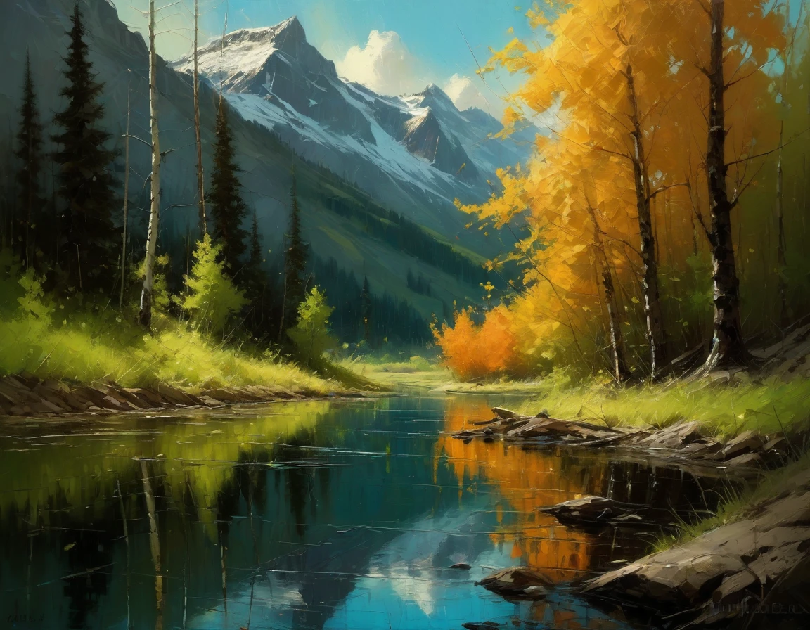 Jeremy Mann. (Nature and Landscapes painting) (Masterpiece, Best Quality, Impasto, Best Quality painting ), Impasto oil painting, textured. Saturated deep colors. High contrast. Detail. Multi-layered image with cellular shadows. Beautiful Landscapes, A view of a lake in Canada Perfect Nature, Canada wildlife and nature landscapes, maple trees, maple leaves, Grassland, Spring vibrant colors, especially featuring local flora and fauna, golden ratio, award-winning, highly detailed, centered, drawn, complex, volumetric lighting, beautiful, masterpiece, depth of field, perfect composition, high resolution 8K, palette knife and brush strokes, Artistic style Ivan Shishkinl artist.
