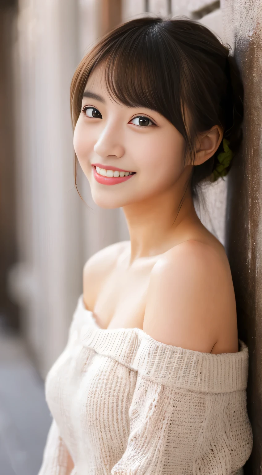 masterpiece,best quality,(Japanese girl),((Beautiful girl)),cleavage,(off shoulder:1.2),(perfect body beauty:1.2),(shy smile)