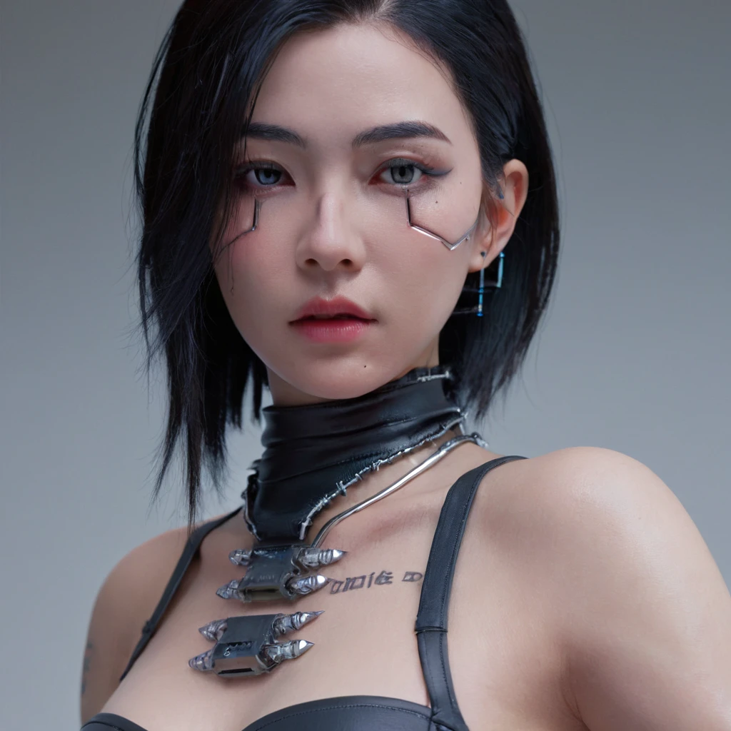 A stunning 4K photo-realistic image of a cyberpunk demi-human girl with an Asian face. Her visage is adorned with intricate machine implants, including a sleek silver visor that covers her eyes, revealing only a small slit for vision. These implants enable advanced sensory input and communication with her cybernetic systems.

Her skin is pale, with visible scars that tell a story of her past battles and a faint line where her flesh meets the cold metal of her implants. The seams are barely noticeable, indicating skilled integration between her organic and mechanical components.

Her hair is black, spiked up in an aggressive yet stylish manner. Small LED lights are integrated into the strands, flickering with various colors to match her mood. The hair is a statement piece, reflecting her rebellious spirit. The overall atmosphere of the image is captivating, photo, her body is embedded with mechanical implants under the skin, cyborg arms,  cyberware lines embedded in her face