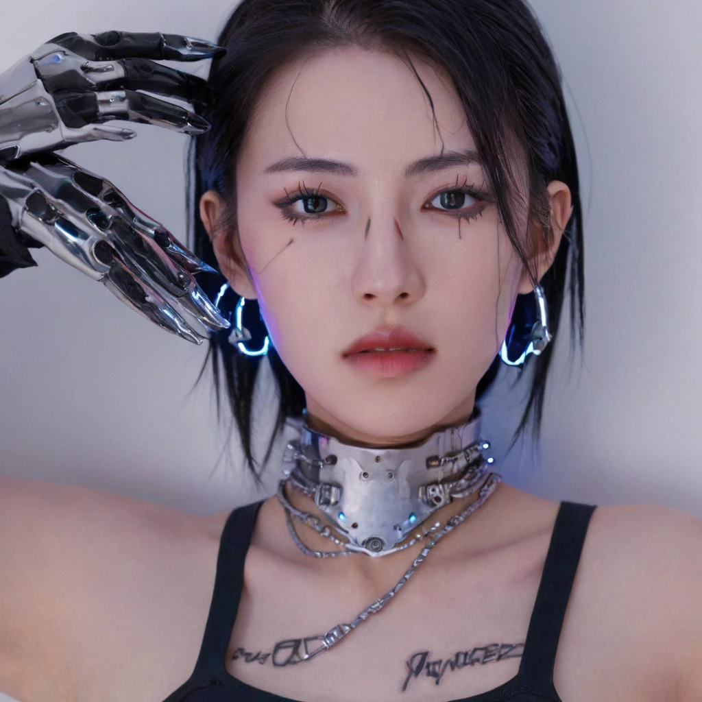 A stunning 4K photo-realistic image of a cyberpunk demi-human girl with an Asian face. Her visage is adorned with intricate machine implants, including a sleek silver visor that covers her eyes, revealing only a small slit for vision. These implants enable advanced sensory input and communication with her cybernetic systems.
Her skin is pale, with visible scars that tell a story of her past battles and a faint line where her flesh meets the cold metal of her implants. The seams are barely noticeable, indicating skilled integration between her organic and mechanical components.
Her hair is black, spiked up in an aggressive yet stylish manner. Small LED lights are integrated into the strands, flickering with various colors to match her mood. The hair is a statement piece, reflecting her rebellious spirit. The overall atmosphere of the image is captivating, photo, her body is embedded with mechanical implants under the skin, cyborg arms, cyberware lines embedded in her face