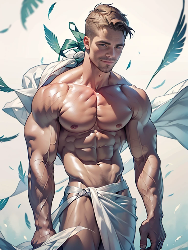 NSFW, Clear background、A handsome tall man standing (((Stephen AMELL))) ,He is 28 years old,Thin waist,The pectoral muscles are well developed, He is 175cm tall,Weight 62 kg、blue-green eyes、brown hair color、short hair、Topless、 showing his flacid cock、ing to the view ,Smile,Lots of falling feathers,Covered in transparent white sheets,,White feathers are floating everywhere,