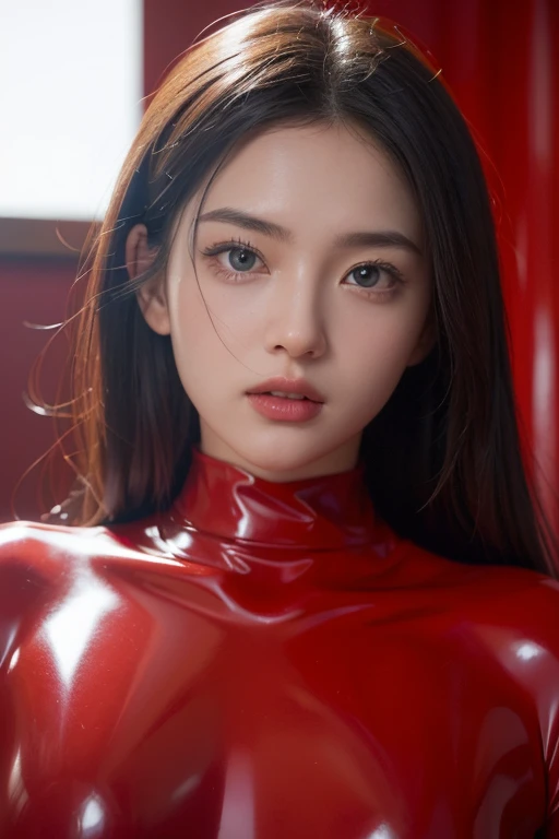 (RAW Photos:1.2)、Highest quality、Beautiful detailed girl、Tight red latex suit、Red latex bodysuit, Laughter、Highly detailed eyes and face、Beautiful and detailed、Large file size、High resolution、High resolution、More about 8k wallpaper、Highly detailed Ticker uniform 8K wallpaper、Light on the face、Cinema Lighting、16-year-old girl、Sexy pose、(Photorealism:1.4)、Consciousness upward、Surrealism、 From below、Super Detail、masterpiece