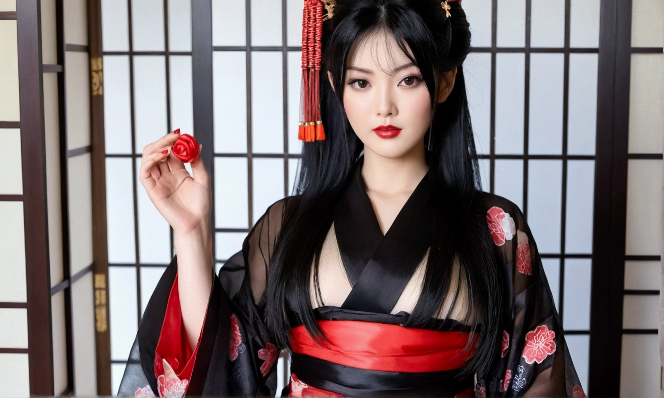 black hair, hair ornaments, Upper body, kimono, kimono, sash, compensate, lipstick, red nails, ,silk stockings , See-through hakama, ,ankle ,See-Through,, black nylon , silk stockings ,See-through、 ,sheer ,enamel ,long hair