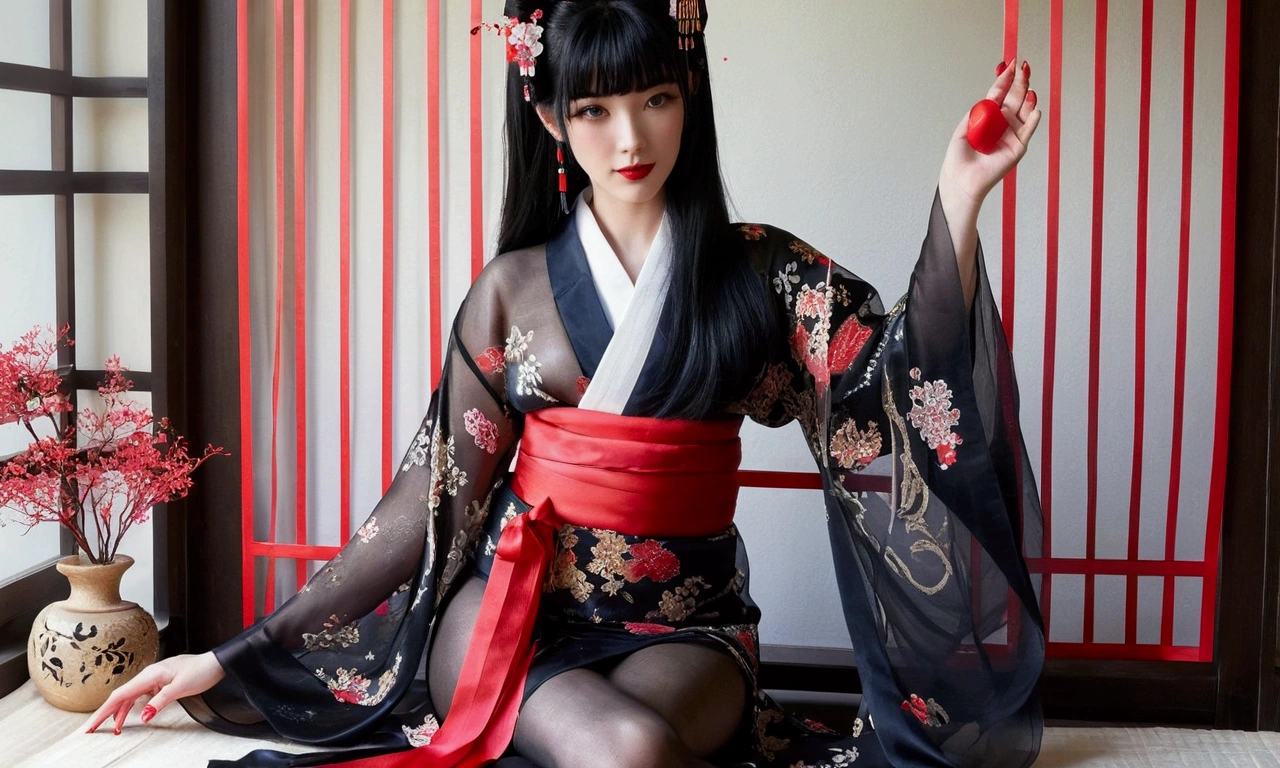 black hair, hair ornaments, Upper body, kimono, kimono, sash, compensate, lipstick, red nails, ,silk stockings ,　See-through hakama， ，ankle　,See-Through,, black nylon , silk stockings ,See-through、　,sheer ,enamel ,long hair 