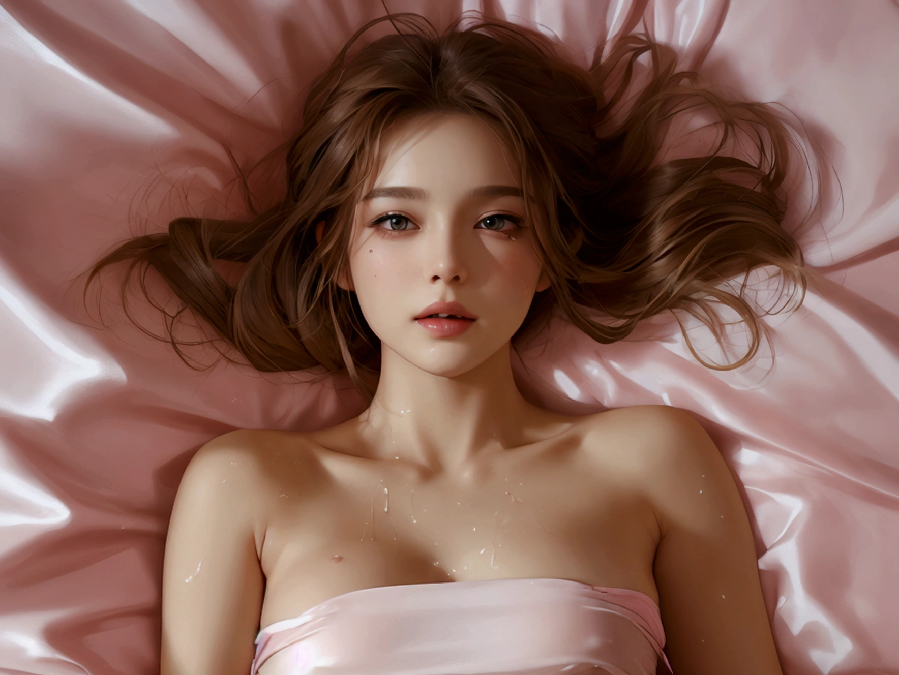Create an image of a beautiful woman lying naked on a bed with pink nipples visible because she is not wearing a bra., She spread her legs wide until she could see her penis, which was dripping semen., She has a slim face., sharp eyes, long hair, high nose, and thin lips, She has light brown hair., Breast size 32 inches with pink nipples., Her waist is 24 inches., Her hips are 33 inches., Her skin was bright and white., And her figure was slim and slightly muscular..