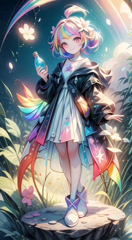 A girl standing with a bright smile, Holding a bottle of magic paint. Surrounded by magical and colorful surroundings, With colorful flowers, Vivid trees々Or a rainbow-filled sky. 4K resolution