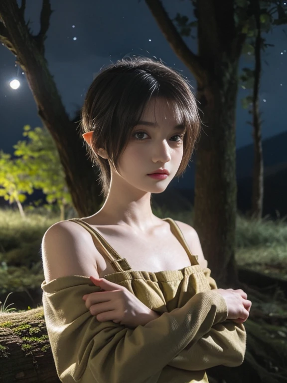 15 year old girl, short hair, yellow color, elf face slavic, freckles on the face, Skinny body, small bust, scantily clad, sitting on a tree trunk, in the forest at night, the sky full of stars