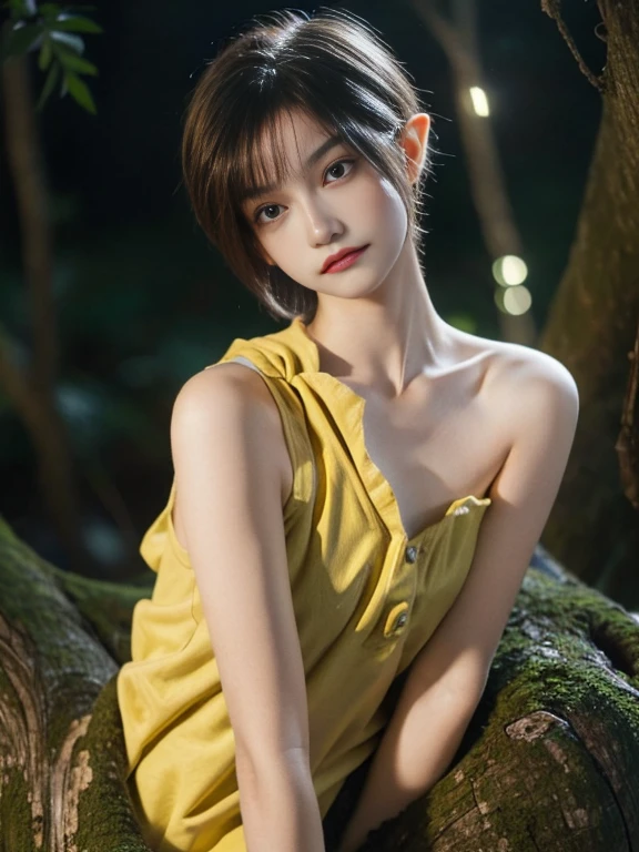 15 year old girl, short hair, yellow color, elf face slavic, freckles on the face, Skinny body, small bust, hugging naked, sitting on a tree trunk, in the forest at night, the sky full of stars