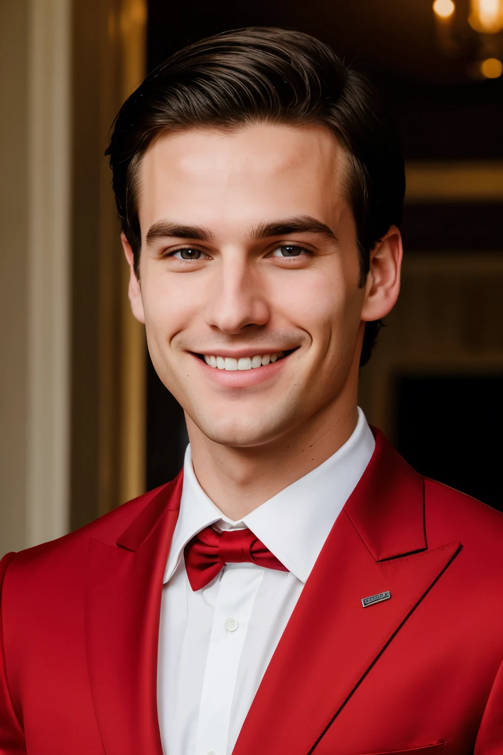 elongated face of young caucasian guy with big smile, black hair, without glasses, with dark blue eyes, straight and long thin nose, without beard, without mustache, in red suit
