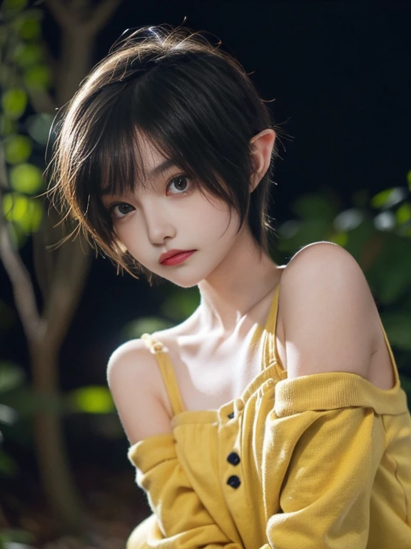 15 year old girl, short hair, yellow color, elf face slavic, freckles on the face, Skinny body, small bust, scantily clad, sitting on a tree trunk, in the forest at night, the sky full of stars