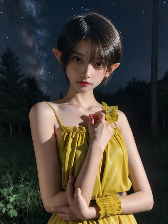 15 year old girl, short hair, yellow color, elf face slavic, freckles on the face, Skinny body, small bust, hugging with little clothing, Whole body, in the forest at night, the sky full of stars