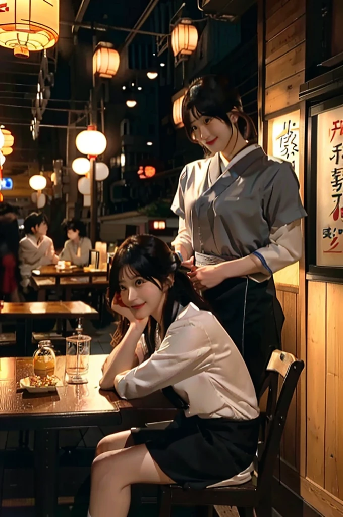 They are sitting at a restaurant table with a waiter, Still in live action movies, 실사 a scene from a movie, japanese live-action movie, japanese cartoon movies film still, today's featured japanese cartoon movies still, japanese cartoon movies. soft lighting, advertising image, still in the movies, a scene from a movie, japanese cartoon movies still film japanese cartoon movies shikishi, tokyo japanese cartoon movies scene