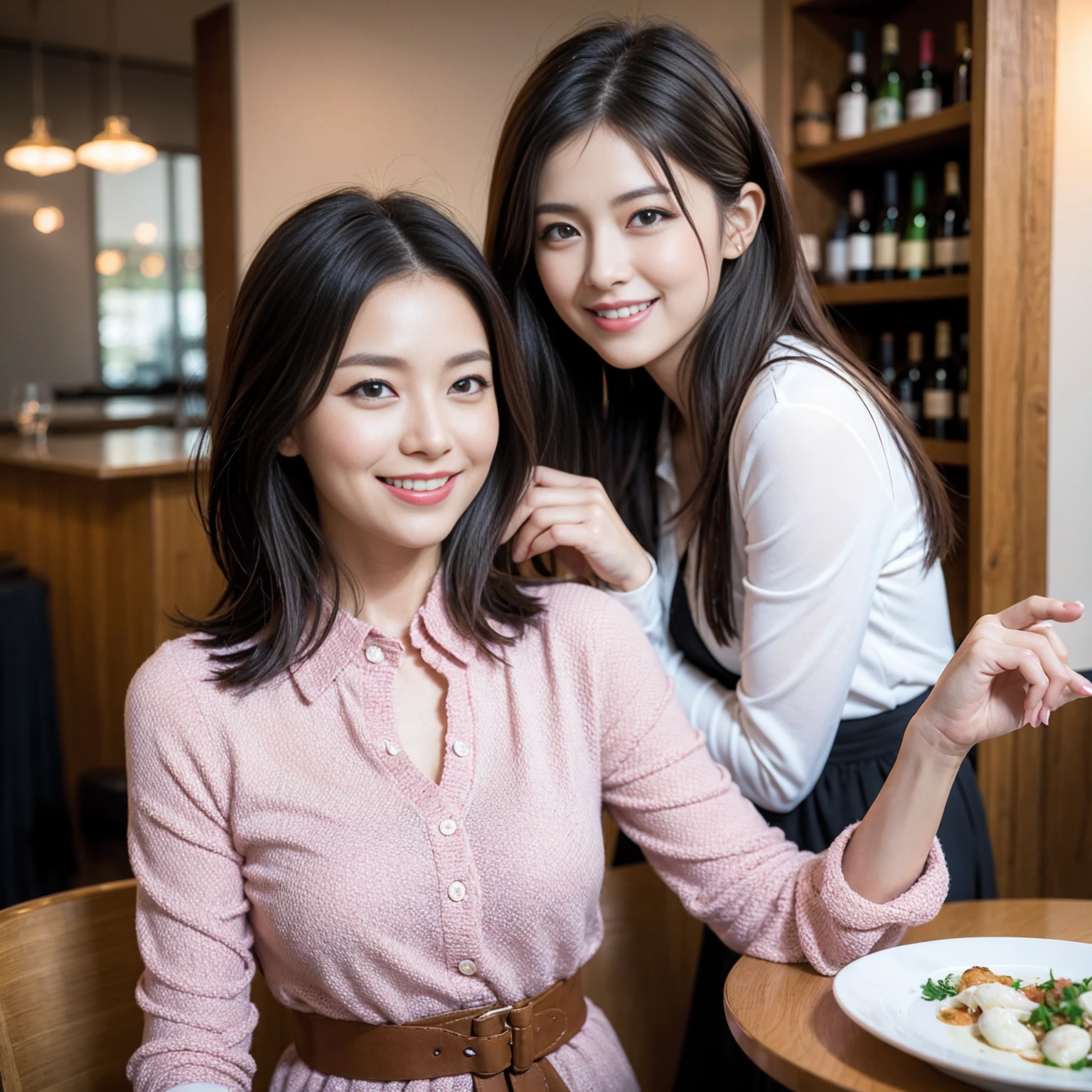 ((Highest quality、8k、masterpiece:1.3))、slimカップル、Pink rubber、modelカップル、(Realistic, Intricate details:1.2), full-course dinner、wine 、Amazing view of the sunset sky and clouds、A bright smile、The wonderfulness of smile、Bright image、wineの美しさ, Beautiful Face, blue eyes, The light shines on your face, blush, short hair,Bright Face、 (Age 37), 39 years old, 赤wine 、Appetizers、Italian food、wine bottle、Champagne、スパークリングwine、Two beauties、Brown Hair、Shortcuts、Long sleeve shirt、dress、Beautiful woman 1, (slimな顔), (The body is slim), (Brown Hair), (Shortcuts), cheeks turn a little red,Attractive beauty、restaurant, In a prominent place (From the waist up) Nova Frog Style, actress, model, Upper Body, 白wine, slim, wineグラス, 中央に置かれたwineグラス, smile, (smile: 1.15), Beautiful fine grain, Depth f/2,saturation, High Contrast, Strong light and shadow,Moist Body:1.5、3D texture、Delicate eyes、Brown Hair、The hair is very shiny、