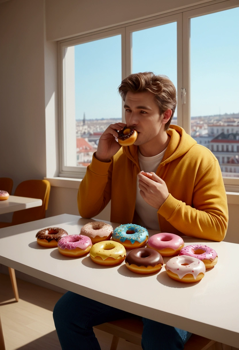 Eating Donuts, by Richard Scarry, full body, cinematic still, (best quality, masterpiece, photorealistic), very aesthetic, perfect composition, intricate details, ultra-detailed, vivid colors