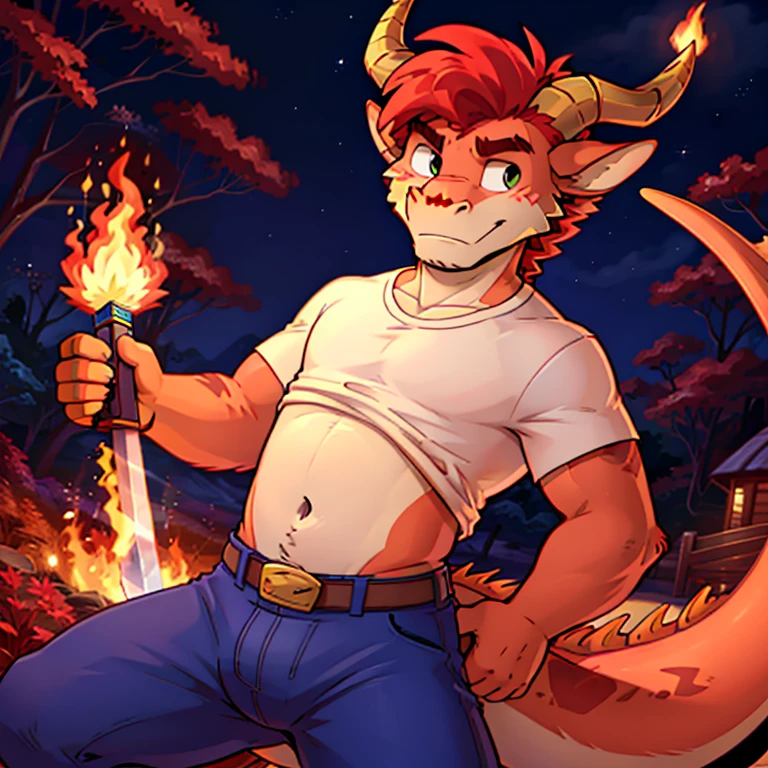 A cartoon picture of a handsome male gay Furry Western Dragon with horns, dragon nose with red hair and a long tail in a white shirt and blue pants named James holding and raising his long fire sword, navel