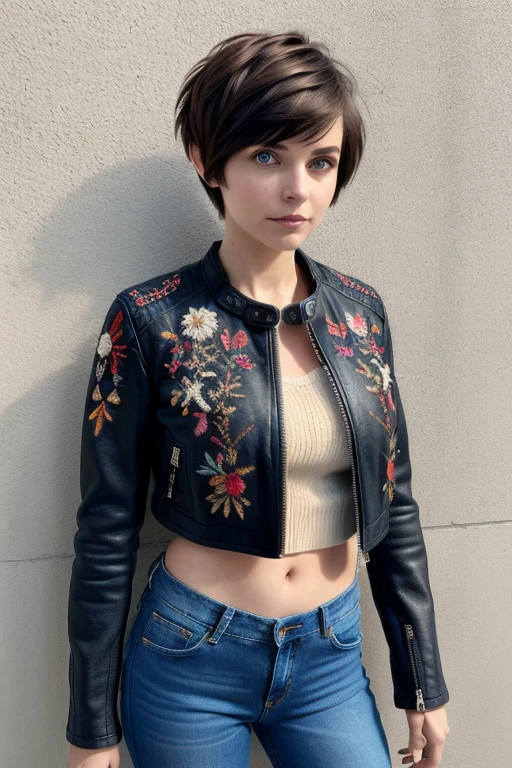 masterpiece, high quality,1 girl,One,big breasts , short hair, (hair between eyes),(00BFFE pixie haircut),  Disappointed face,(Embroidered sweater, Cropped flared jeans, leather jacket)