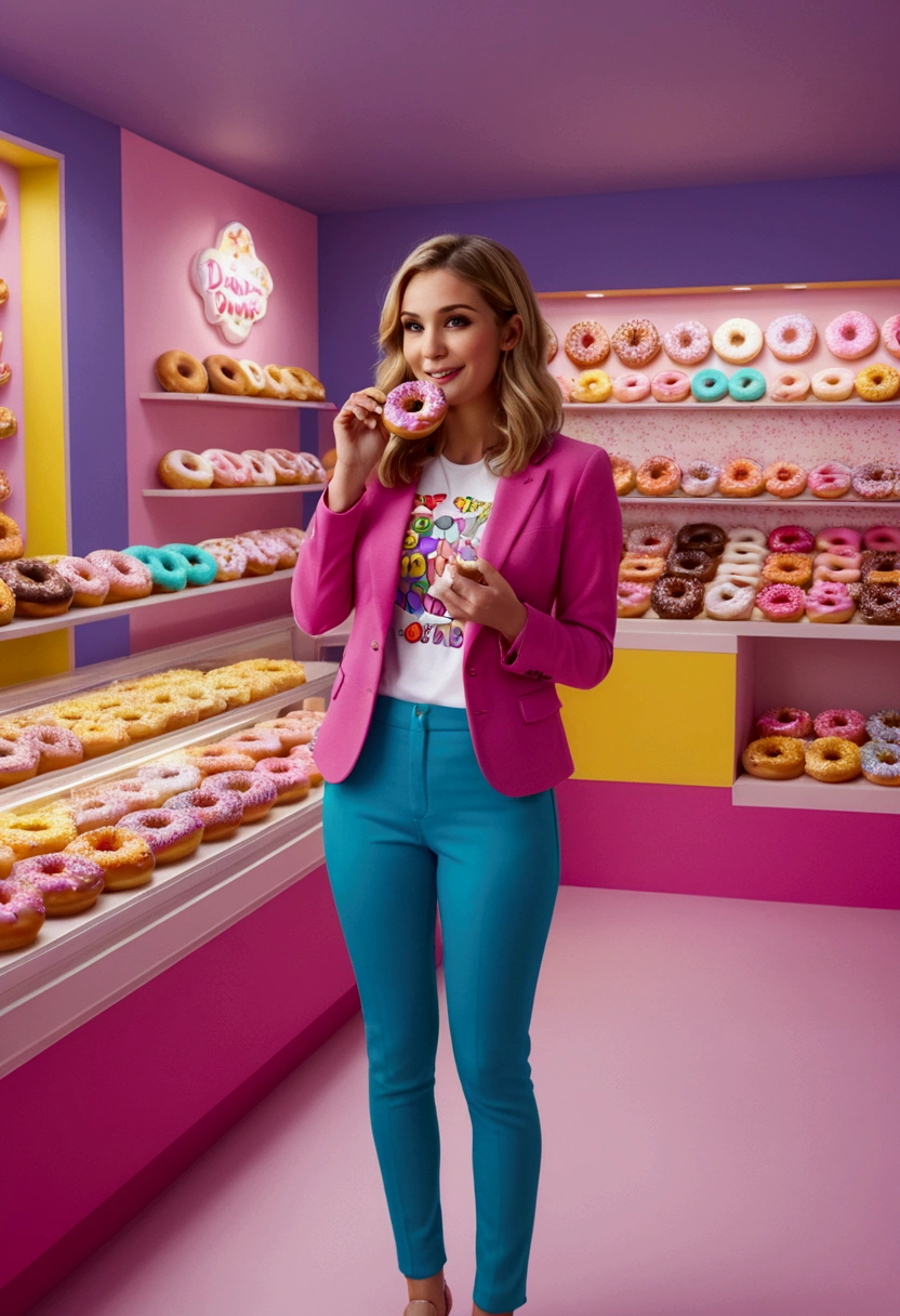 Eating Donuts, by Richard Scarry, full body, cinematic still, (best quality, masterpiece, photorealistic), very aesthetic, perfect composition, intricate details, ultra-detailed, vivid colors