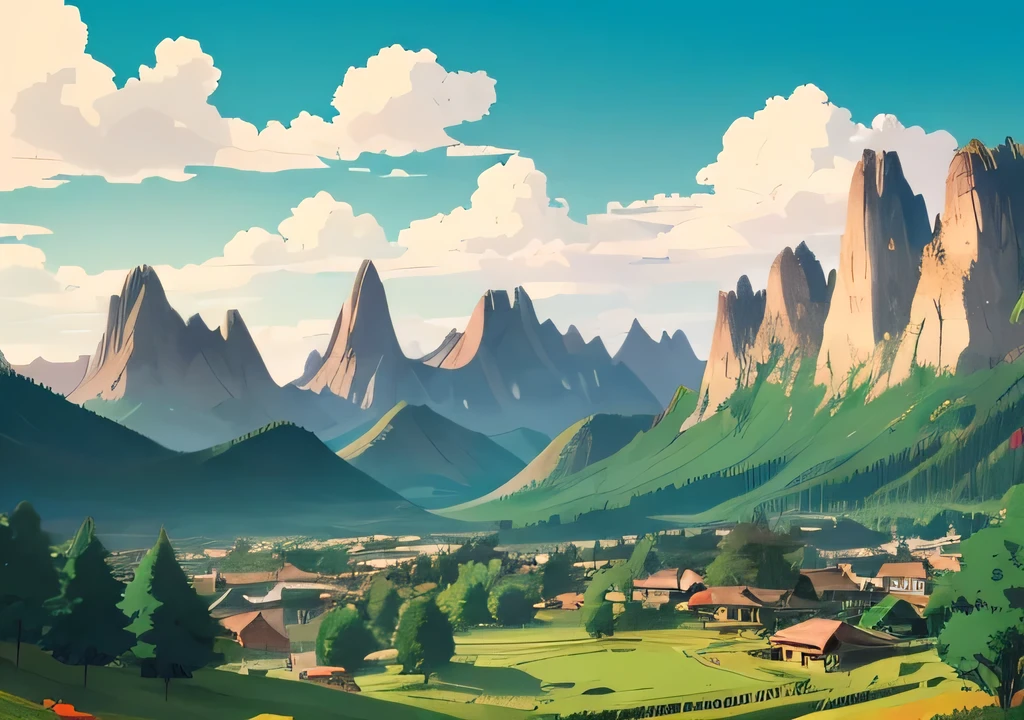 landscape, anime style, countryside, with mountains and clouds in the background.