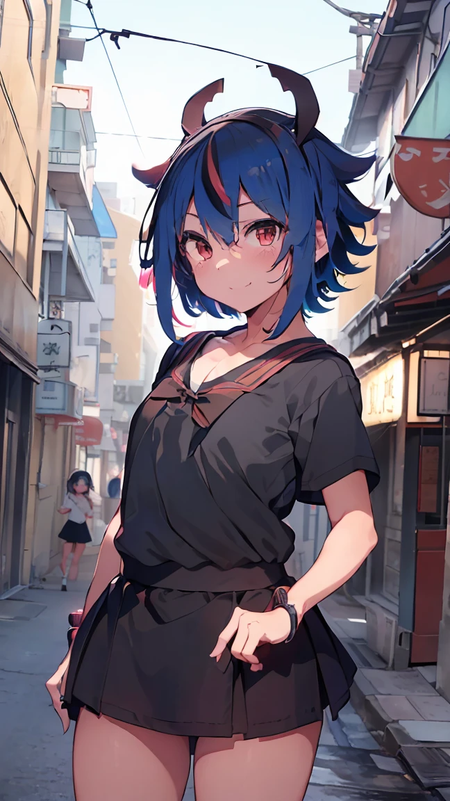 masterpiece, Highest quality, High resolution, Very detailed,(((Mikoto Naruka))), (((Neon sign)))、(((Alley)))、(((smile)))、(((Standing in the distance))), (((Wearing a black T-shirt。))), night, (((Black Mini Skirt)))