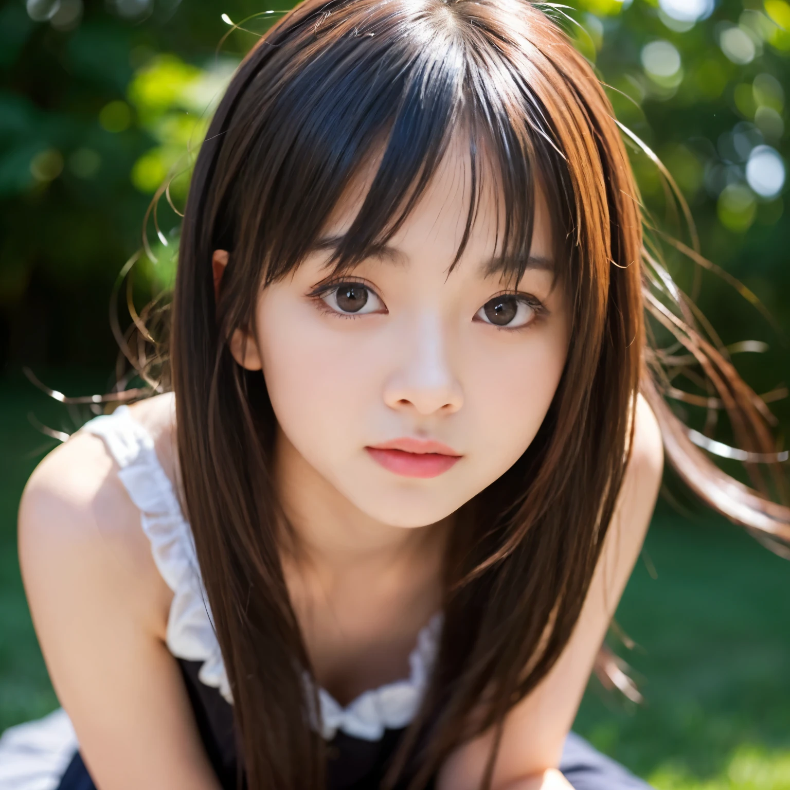 (Best-quality, Masterpiece, Ultra-High-Resolution, (Photorealistic:1.4), Raw Photo, depth of field, professional lighting, perfect anatomy, extremely details), (1girl, yo, Japanese idol), wearing casual-dress, ((((extremely beautiful and extremely realistic skins)))), ((extremely cute face)), (((extremely big black-eyes))), (black-long-hair), (long-eyelashes), ((She wants to have lesbian-sex right now. Her head is full of erotic partner.):1.3)