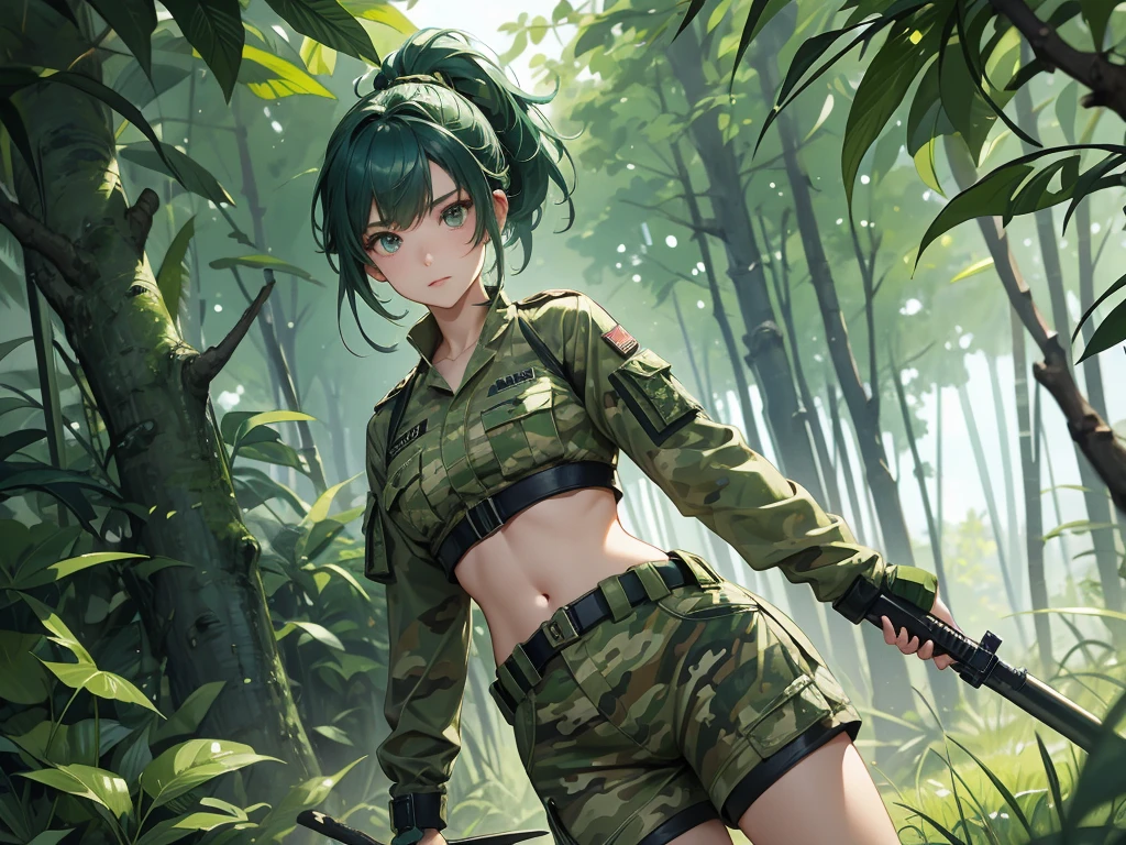 Blue Ponytail、Cool Beauty、Green camouflage military uniform、Green camouflage shorts、Camouflage belly button、Big Breasts、darkness、jungle、Highest quality
