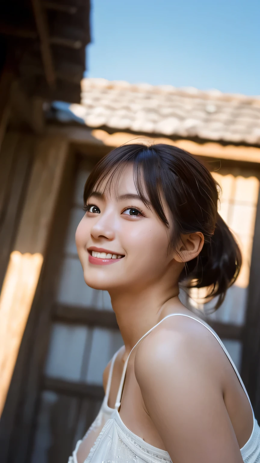 (Highest quality,masterpiece:1.3,Ultra-high resolution),(Very detailed,Caustics,8k),(Realistic:1.4,RAW shooting),1 girl,(Smiling and looking down at the camera),(Front shot:1.1),(Look forward),18-year-old,cute,Japanese,Black short ponytail,,glamorous,(Big Breasts),( close),(breast focus),street,sunlight,Natural light,(Backlight),(A bright light shines from behind),(Lens flare),Professional Writing,(Cowboy Shot),(Low position:1.3),(Low Angle:1.3)