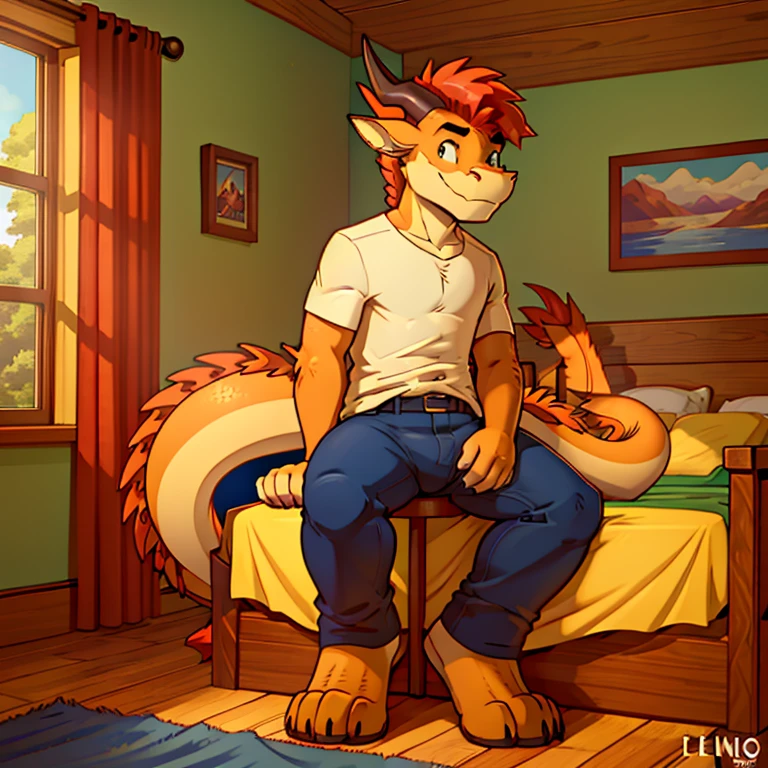 A cartoon picture of a handsome male gay Furry Western Dragon with horns, dragon nose with red hair and a long tail in a white shirt and blue pants named James sitting in his light green bedroom