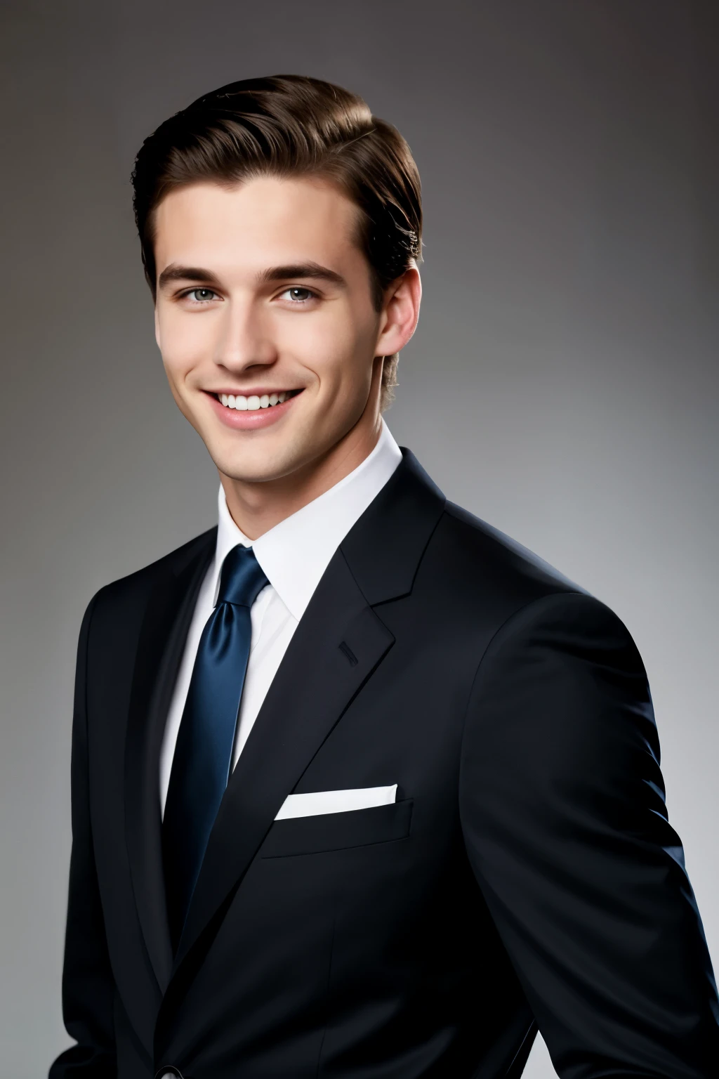 elongated face of young caucasian guy with big smile, short black hair, without glasses, with dark blue eyes, straight and long thin nose, without beard, without mustache, in model suit