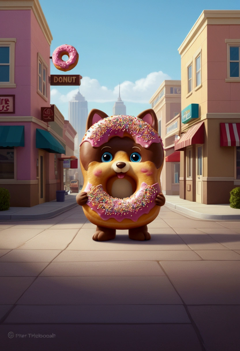 Eating Donuts, by Richard Scarry, full body, cinematic still, (best quality, masterpiece, photorealistic), very aesthetic, perfect composition, intricate details, ultra-detailed, vivid colors