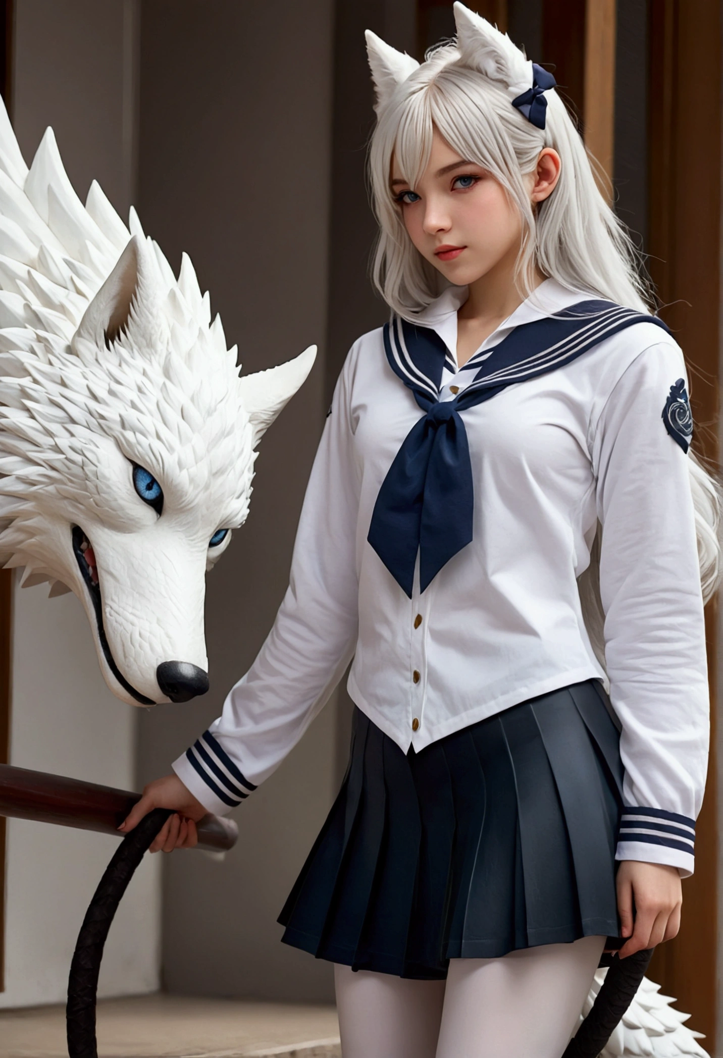 8k, resolution, high quality, high resolution, best quality, extremally detailed, best resolution, absurd resolution, ray tracing, high detailed, masterpiece, extremely detailed,shoulder length white hair, female,2 white wolf ears, teenage girl, slim body, white scale dragon tail,black boots,black leggings, navel blue school skirt, sailor shirt, white jacket, medium size chest, detailed blue eyes, detailed beautiful face,solo female,1 dragon tail, detailed eyes, dragon tail, white scales,