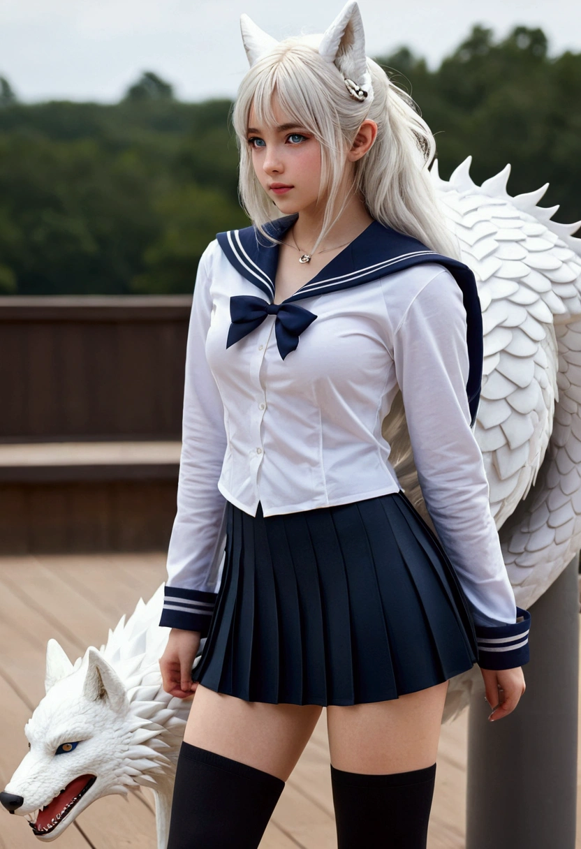 8k, resolution, high quality, high resolution, best quality, extremally detailed, best resolution, absurd resolution, ray tracing, high detailed, masterpiece, extremely detailed,shoulder length white hair, female,2 white wolf ears, teenage girl, slim body, white scale dragon tail,black boots,black leggings, navel blue school skirt, sailor shirt, white jacket, medium size chest, detailed blue eyes, detailed beautiful face,solo female,1 dragon tail, detailed eyes, dragon tail, white scales,